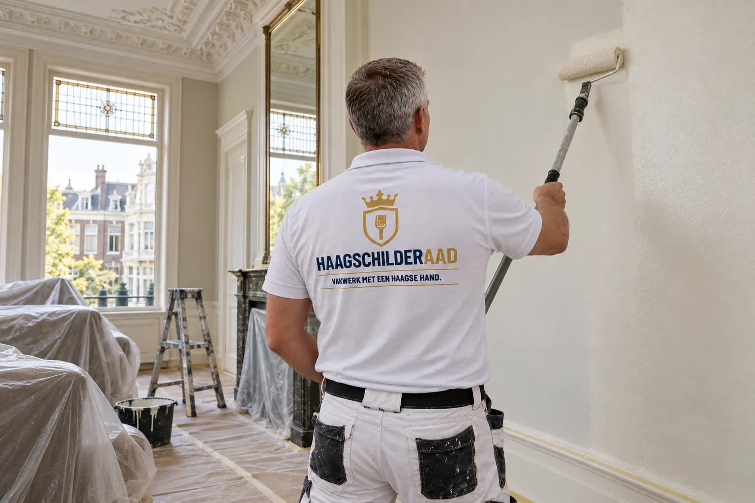 Schilder van Haagse Schilder Aad rolt een wand wit in een Haagse herenhuiskamer met stucplafond en afgedekte meubels
