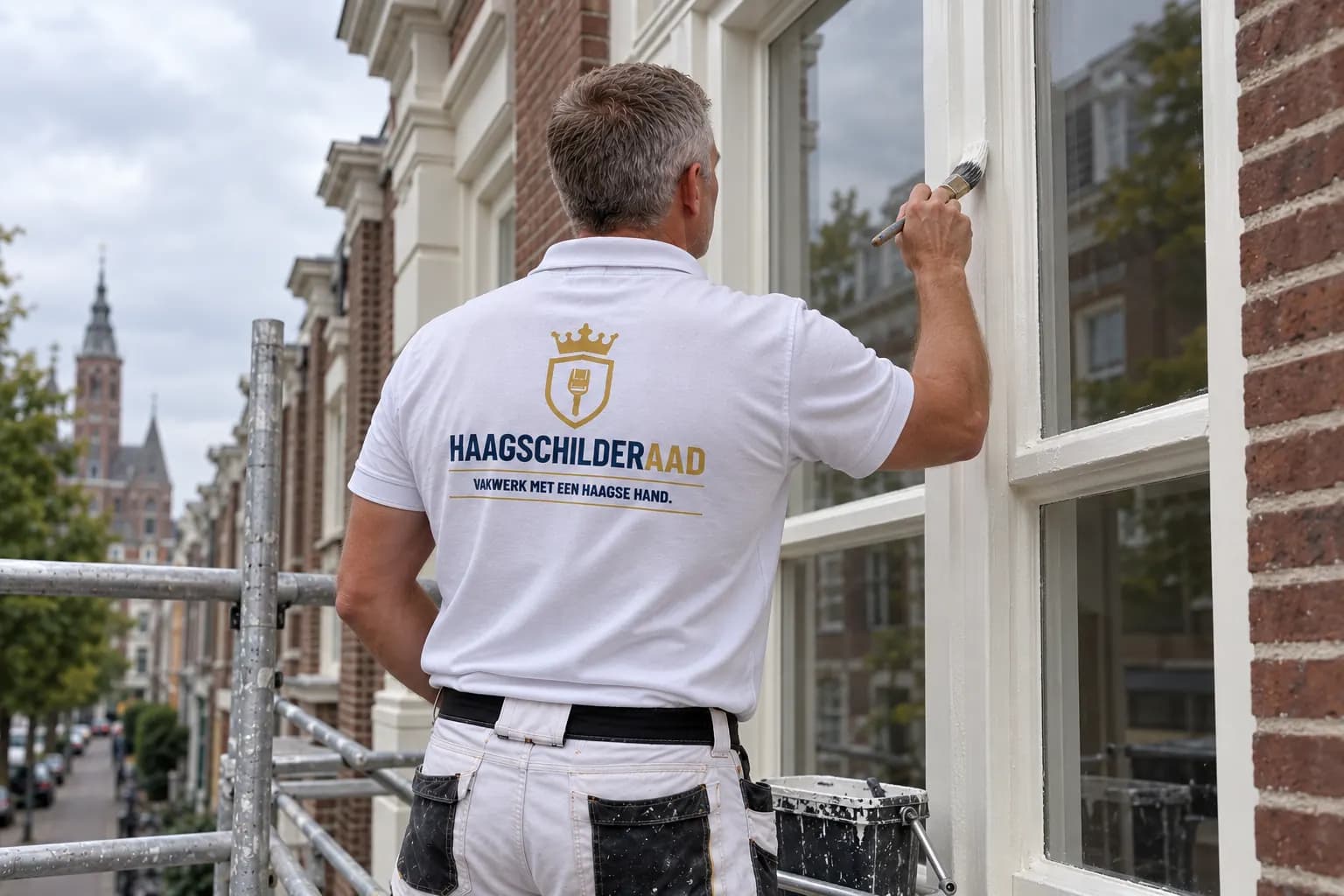 Schilder van Haagse Schilder Aad schildert vanaf een steiger witte kozijnen van een bakstenen herenhuis in Den Haag