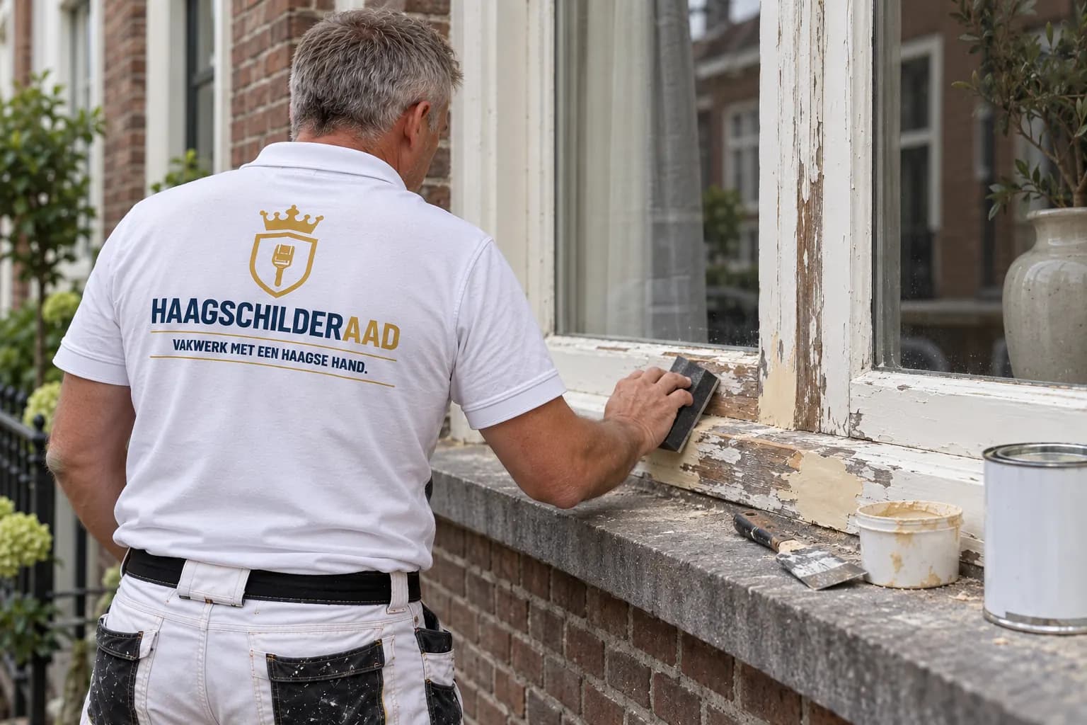 Schilder van Haagse Schilder Aad schuurt een verweerde houten vensterbank bij met plamuur en grondverf klaar