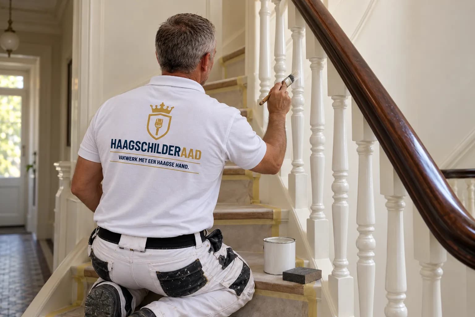 Schilder van Haagse Schilder Aad lakt de witte spijlen van een trap met donkere leuning in een herenhuis