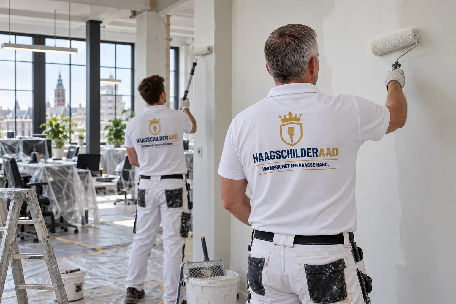 Twee schilders van Haagse Schilder Aad rollen de wanden van een kantoor met afgedekte bureaus